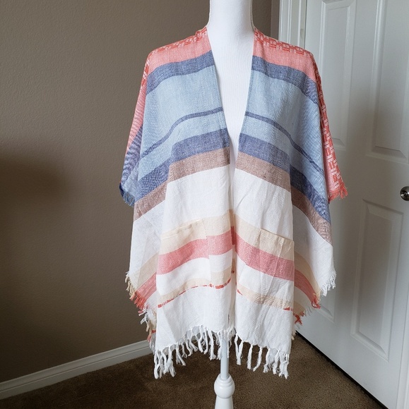 Echo Design Blanket Stripe Kimono Boho Blue Coral - Picture 4 of 7